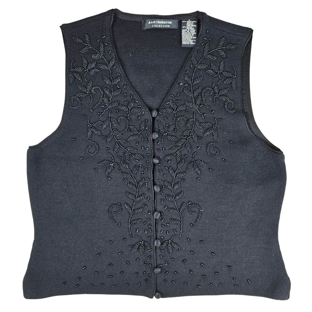 Vintage Liz Claiborne Collection Black Merino Wool Beaded Floral Vest Small NWT
